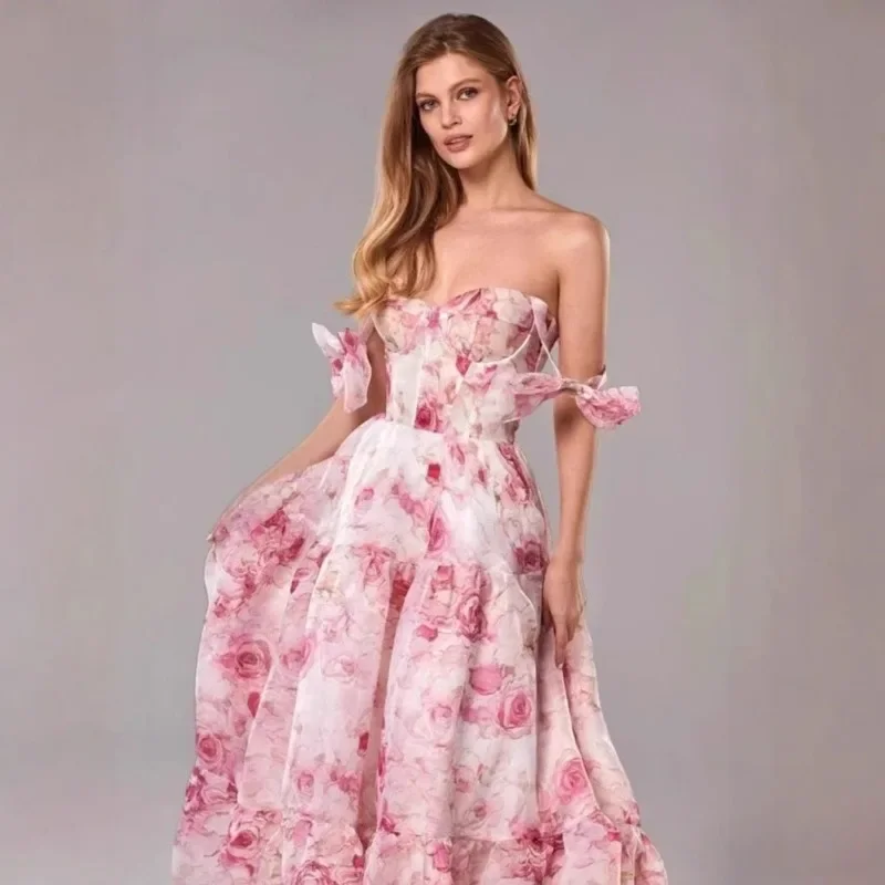 2025 Summer New Off Shoulder European and American Style Women's Fashion Eugen Silk Fairy Style Long Style Evening Dress - Image 3