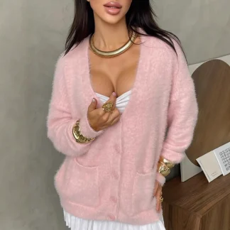 Ladies' Loose Knitted Cardigan Faux Mink Velvet Lazy Style Outerwear Comfortable Street Fashion Long Sleeve V-Neck Springwear