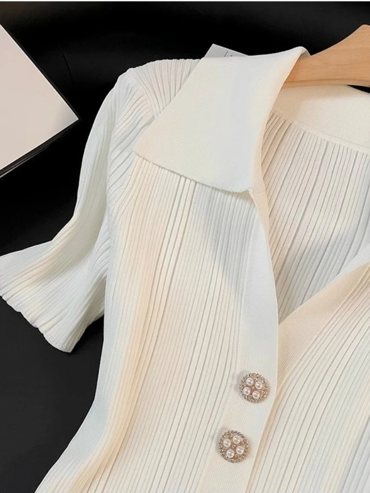 New in Summer Women's Clothing Polo Collar Short-sleeved Ice Silk Knitted Dress White Small Fresh Thin A-shaped Skirt - Image 5