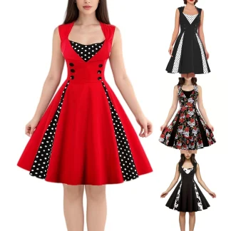 Women Vintage Dress Summer Polka Dot Swing Pin Up Party Retro Dresses Female Elegant High Waist Tunic Casual Swing Long Skirts