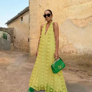 Women Bohemia Dress Vacation Sexy V-neck Halter Big Swing Summer Female Casual Sleeveless Elegant Pullover Long Clothing