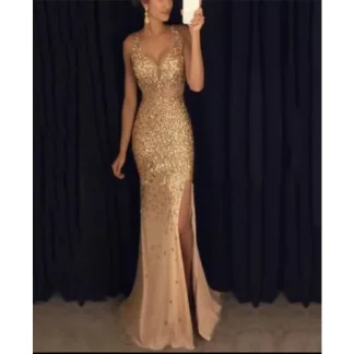 Summer Spring New Elegant Graceful Split Bronzing Dress Long Evening Dress Sleeveless Strapless High Waist Sexy