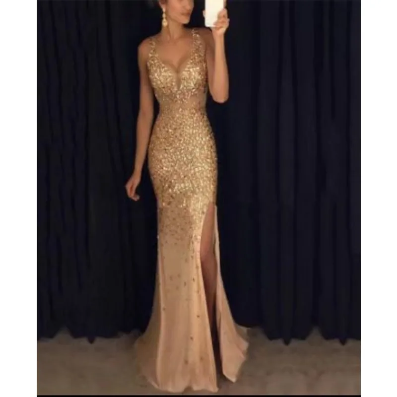 Summer Spring New Elegant Graceful Split Bronzing Dress Long Evening Dress Sleeveless Strapless High Waist Sexy