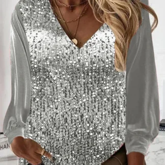 New Shiny Sequin Patchwork Office Loose Blouse Autumn High Street Long Sleeve Solid Women Shirt Casual V-neck Lady Top Pullover