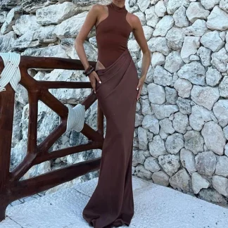 Satin Sexy Hollow Out Women Maxi Dress Black Sleeveless High Waist Dress Female Autumn Skinny Elegant Party Clubwear