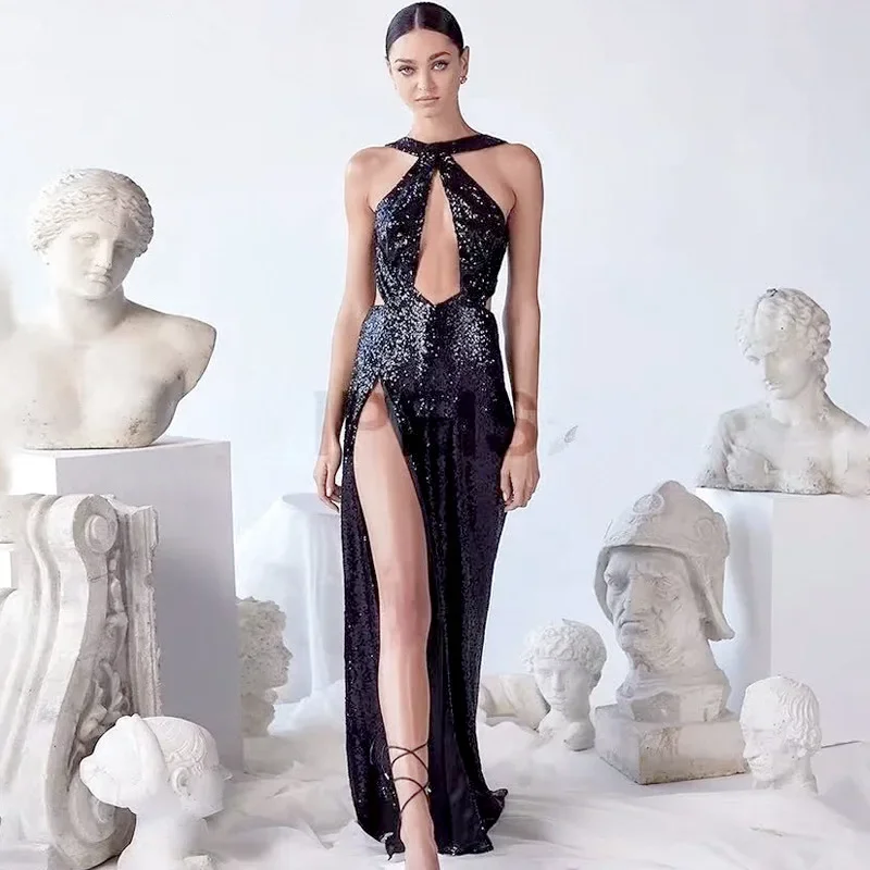 Sexy Beaded Irregular Evening Dress Women's Neck Hanging Gown Sleeveless Party Dress from Mainland China Other Patterns - Image 2