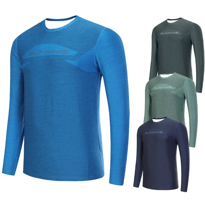 Men's long-sleeved running T-shirt, jogging print quick-drying inner shirt, outdoor stretch training sports T-shirt, short-sleev