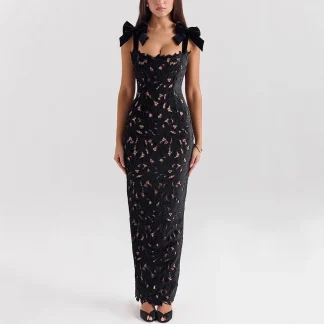 Women's Lace Sexy Bow Straps Maxi Dresses Vacation Outfits Fashion Sleeveless Bodycon Hip Wrap Dress Slim Long Robes Party Gowns