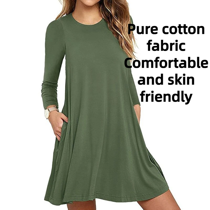 Womens Autumn Long Sleeve Round Neck Plain T-Shirt Dress Solid Color Pleated Swing Casual Loose Pullover Streetwear with Pockets - Image 2