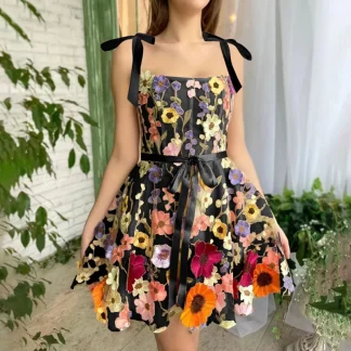 Women Mesh Suspenders Sexy Party Dress Sexy Sleeveless Hollow Pleated Short Dresses 2024 Summer Flower Embroidery Lace Dresses