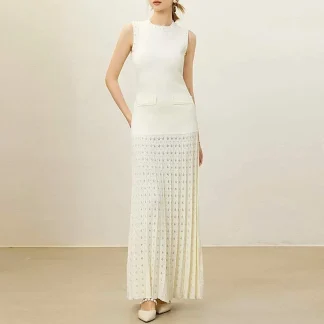 Elegant Long Knitted Dress Women's Sleeveless round Neck Glimmering Beads Cross-Border New Style Hollow out Midi Dress