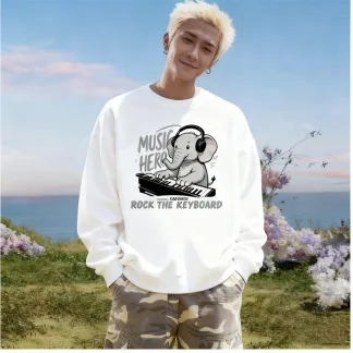 ZAZOMDE Streetwear Elephant Print Sweatshirt For Men Women Cartoon Animal Design Long Sleeve Crewneck Cotton Pullover Loose Fit