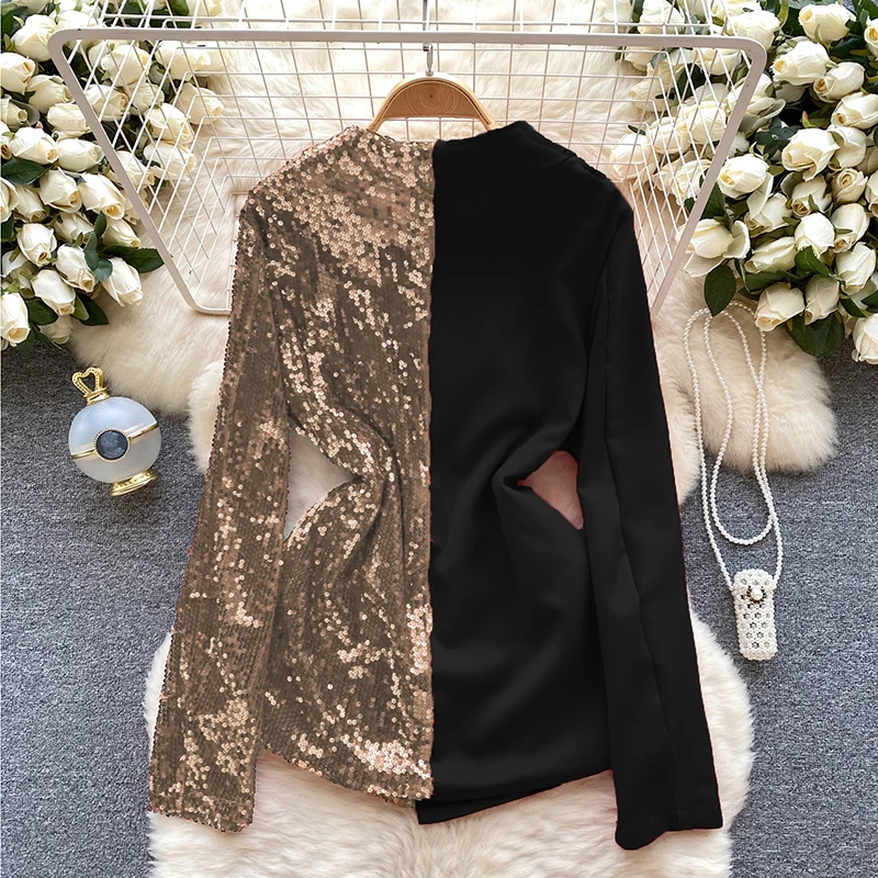 ITOOLIN Fashion Temperament Slim Fit Top Sexy Sequin Patchwork Long Sleeved V-neck Double Breasted Blazer Streetwear - Image 2