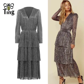 Tingfly Designer Vintage Women V Neck Layered Midi Long Party Dinner Dresses Princess Elegant Lady Clothes