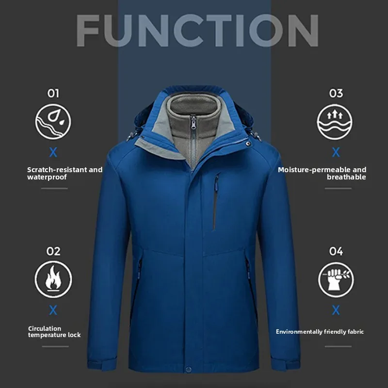 Outdoor Thicken Three-in-One Autumn Winter Men's Jacket Waterproof Windproof Removable Hood Custom Logo Brand Skin Clothes - Image 3