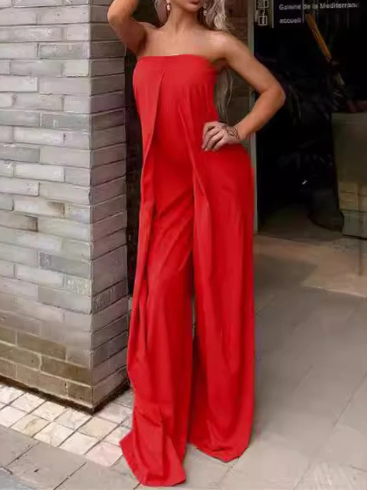 Spring/Summer 2025 New Arrivals Solid Color Strapless Wide Leg Office Lady Fashionable Elegant Full Length Women Jumpsuit - Image 3
