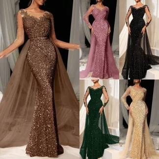 Elegant Long Lace Evening Dress for Women Fashionable Party Ball Gown Floor Length V Neck Polyester Fiber Empire Waist