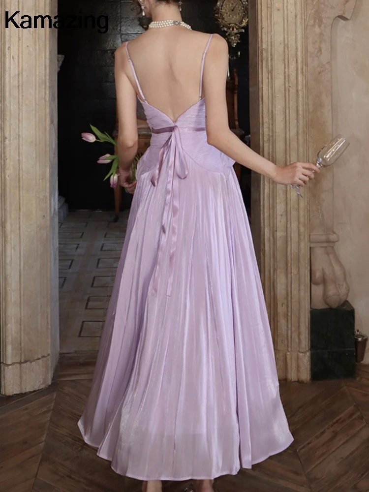 French Style Backless Womens Dresses Sexy Spaghetti Strap V-neck Sleeveless Lace-up Evening Party Dress A-line Vestidos New Robe - Image 2