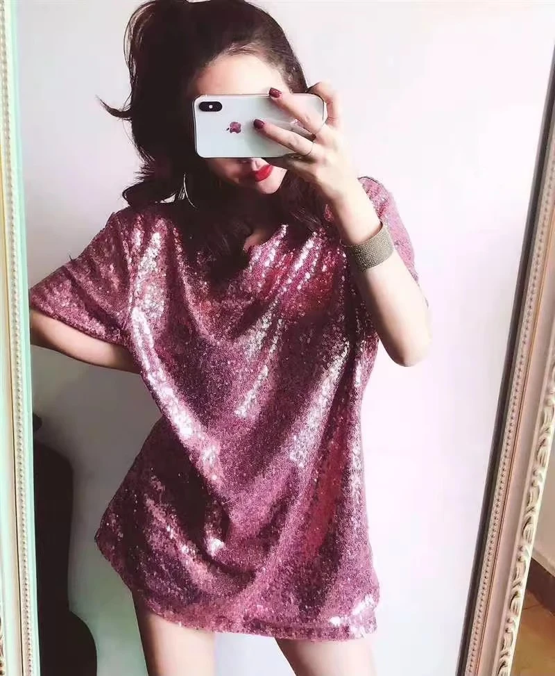 Unisex Sequin T Shirt 2025 Spring New Korean Style Nightclub Heavy Sparkly Loose Short Sleeve Top Fashion