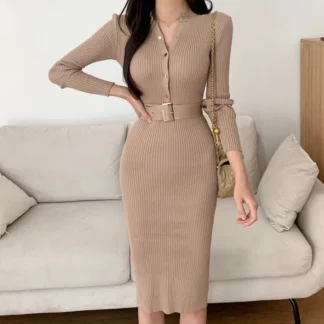 REALEFT High Waist Elegant Women's Knitted Wrap Dresses Sashes Long Sleeve O-neck Buttons Sheath A-line Dress Female 2025 New