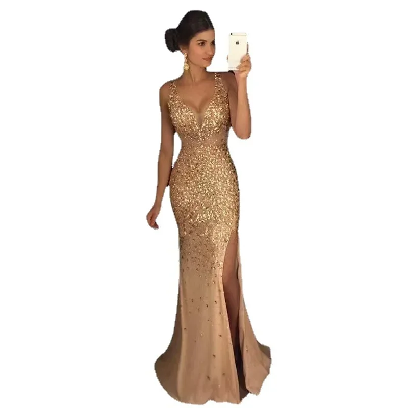 2024 Autumn Winter New European American Cross-border Amazon Side Slit Gold-embellished Long Evening Dress Sleeveless - Image 5