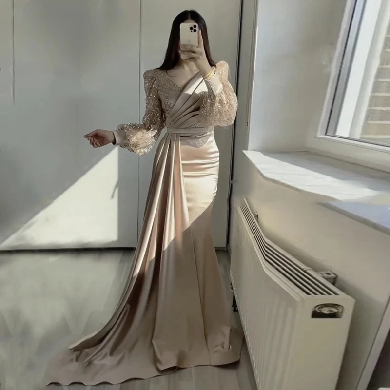 Luxury Evening Dress for Wedding Party V Neck Customized Glitter Long Puffy Sleeves Mermaid Satin Arabic Celebrity Prom Gown