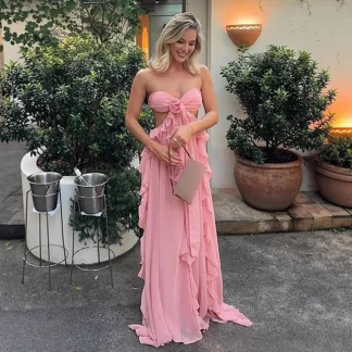 2025 Summer Women's Niche INS Splicing Ruffle Edge Strapless Vacation Long Chiffon Fairy Dress Dress