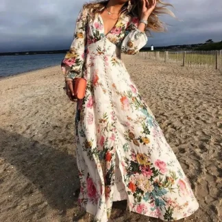 Romantic Floral Print Maxi Dress Deep V Neck Long Sleeve Spring Summer New Style Cross Border Elegant Women's Dress
