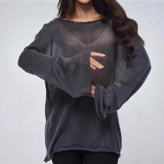 Women's Hollow out Knitted Top Thin Bell Sleeve Large round Neck Mesh T-Shirt Spring Summer New Style Street Fashion Loose Fit