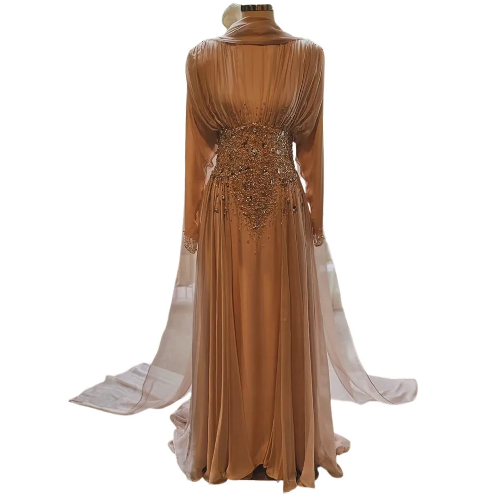FATAPAESE Haute Couture Champagne Luxury Evening Dresses with Cape Exquisite Beaded High Neck Arabic Dresses for Wedding Party - Image 2