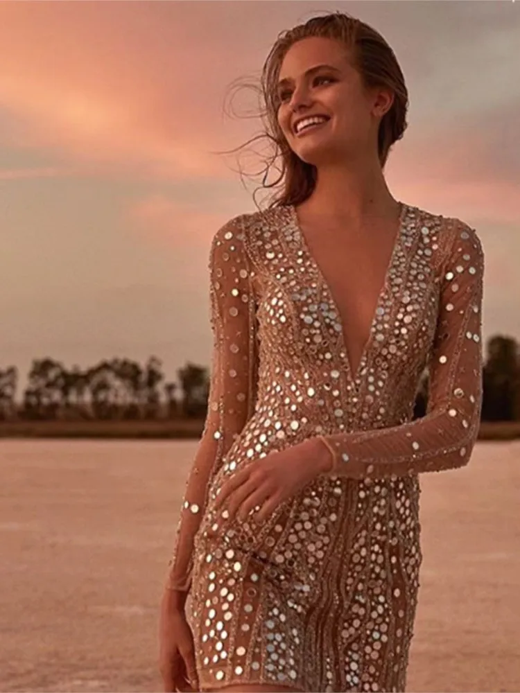 2025 Women's Deep V-neck Sequin Mini Dress Fashion Elegant Evening Dresses Temperament See Through Lace Long Sleeve Vestidos - Image 2
