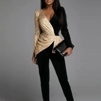 Spring Summer Black Gold Double Stitching Solid Color Temperament Commute High Waist Fashion Sequined Jumpsuit