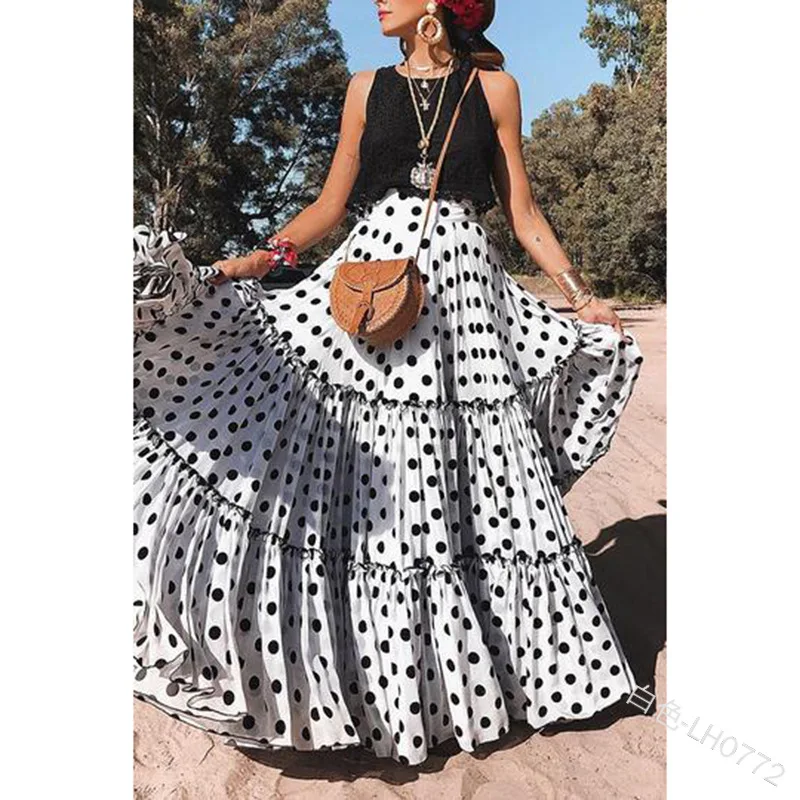 Spring Summer New High Waist Polka Dot Printed Long Skirt Beach Big Hem Boho Skirt Elegant Loose Ruffled Pleated Skirt Female - Image 5