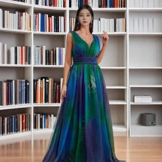 Women's Summer New Style Deep V Backless Print Chiffon Maxi Dress Princess Sleeve Full Length Ankle Skirt Regular Waistline