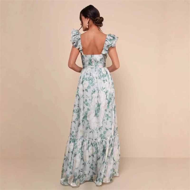 Women Sexy Floral Print Mini Dress Deep V Neck U Backless Spaghetti Strap Ruffle Hem Slim Fit Fashion 2025 New Arrival - Image 2