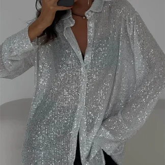 Tossy Sequin Loose Fashion Shirts Female Casual Lapel Cardigan Summer Clothes New Outwear Glitter Party Blouse Luxury Women's