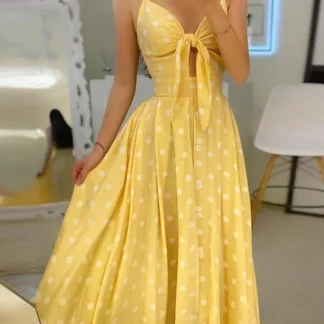 Sexy Summer Women V-Neck Sling Backless Dress Elegant Hollow Out BowKnot Long Party Dress Fashion Femme Dot Maxi Dress Vestido