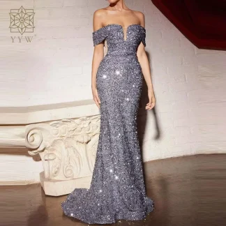 Off the Shoulder Mermaid Evening Dress Slim Sequin Velvet Slash Neck Floor Length Luxury Women Party Evening Dresses