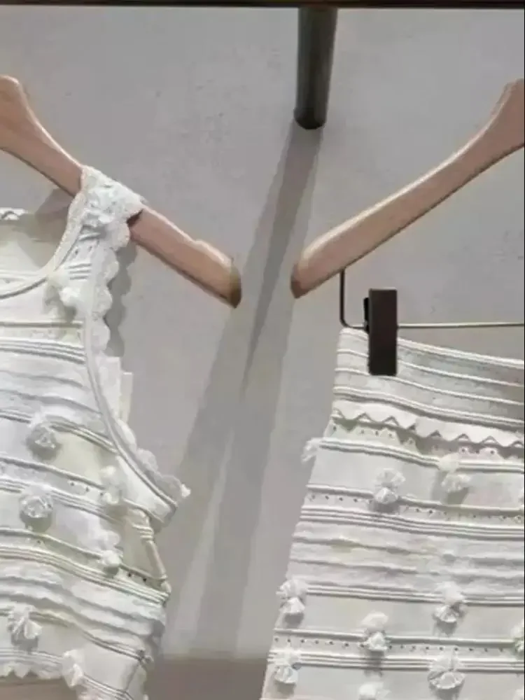 Women Embroidery Hollow out Knit Suit Sleeveless Round Neck Vest Sweater or Slit Elastic Waist Ruffles Midi Skirt Set for Lady - Image 2