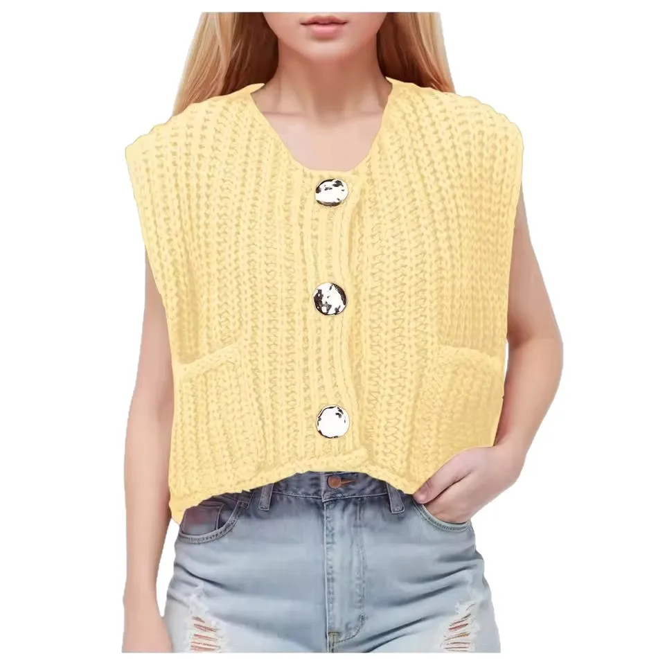 V-Neck Pocket Three-Button Sleeveless Open Cardigan Knitted Vest Women's Fashion Autumn Winter New Arrival Regular Fit - Image 5