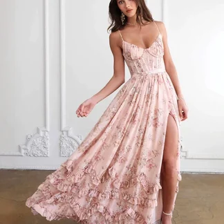 Elegant Sexy Print Long Dress Women Beach V Neck Sleeveless Bandage Backless A Line Robe Female 2025 Summer High Waist Dresses