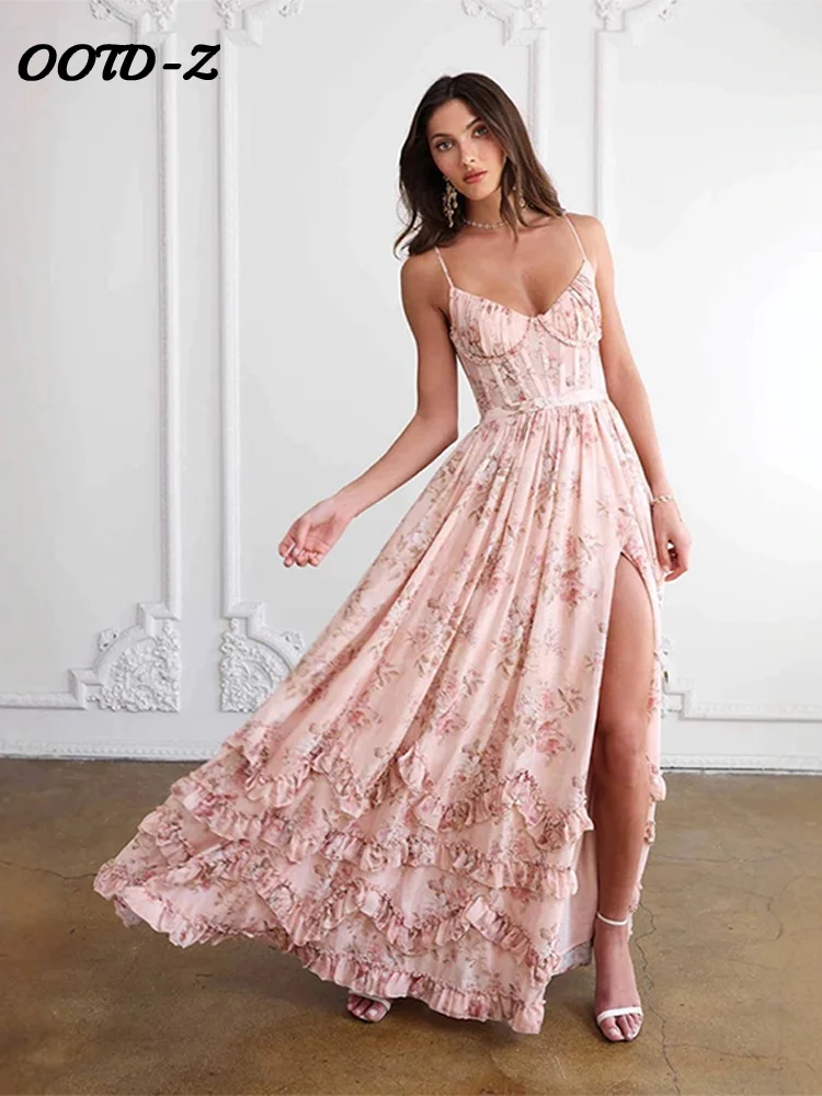 Elegant Sexy Print Long Dress Women Beach V Neck Sleeveless Bandage Backless A Line Robe Female 2025 Summer High Waist Dresses