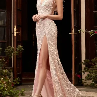 2025 Women's Sequin Temperament Commuting Solid Color Mid Waist Red Feather Host Banquet Long Dress Evening Gown Dress for Women