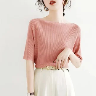 Korean Style Off-Shoulder Ice Silk Knitted Top Women's Inner Wear Gentle Five-Sleeve Design Sensation Small Audience
