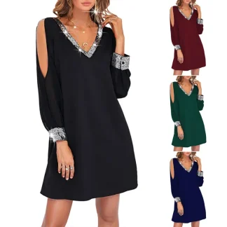 Casual Fashion Shoulder Bared Deep V Neck Sequin Patchwork Dress Women's Full Sleeve Regular V Collar Mini Midi Dress