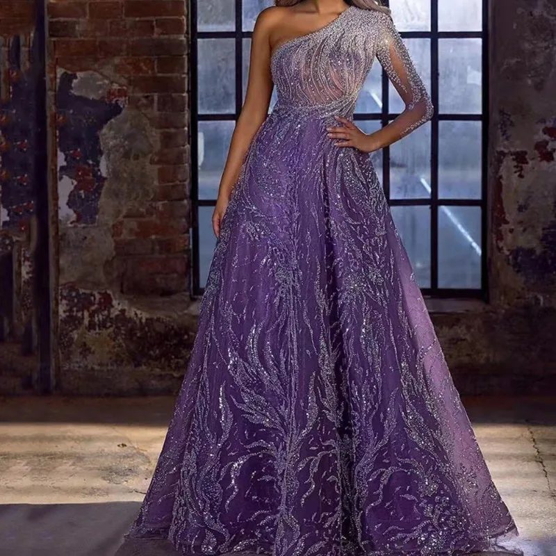 2025 Spring Summer New Women's Clothing Gold Shoulder Long Sleeve Split Dress Slim Fit Formal Dress - Image 2