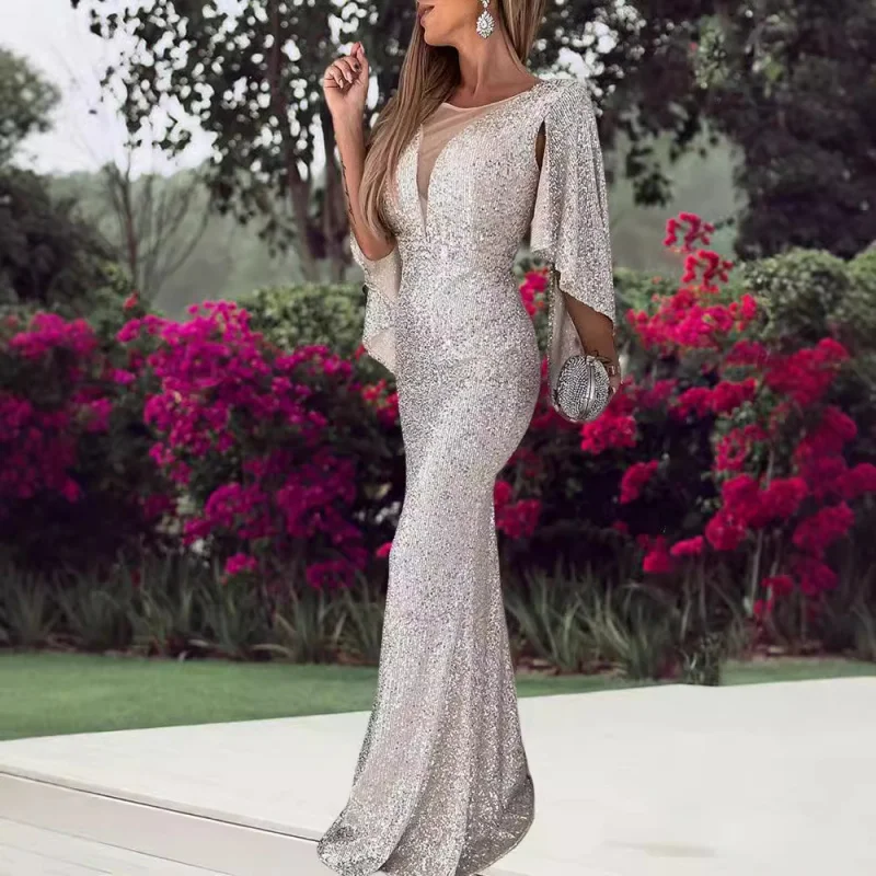 gala Cross-Border New Arrival Silver Fishtail Female Banquet Temperament Sexy Socialite Host Aura Queen Sequin Formal Dress - Image 4