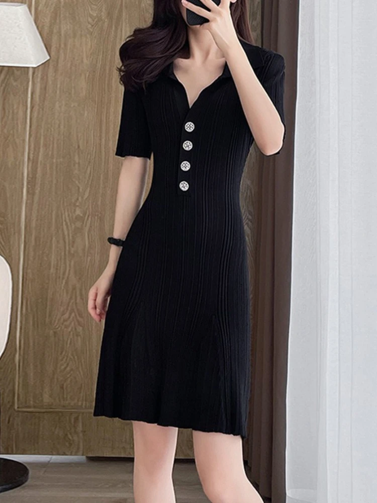 New in Summer Women's Clothing Polo Collar Short-sleeved Ice Silk Knitted Dress White Small Fresh Thin A-shaped Skirt - Image 3