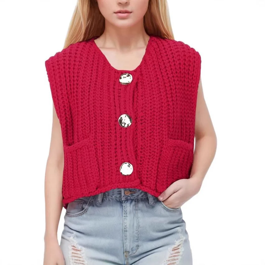 V-Neck Pocket Three-Button Sleeveless Open Cardigan Knitted Vest Women's Fashion Autumn Winter New Arrival Regular Fit - Image 3