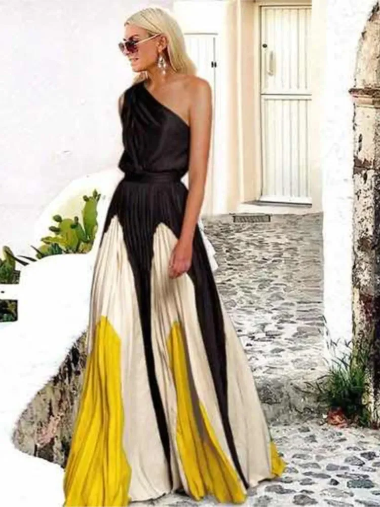 Spring Summer New One Shoulder Dresses Women Splicing Print Off Shoulder Loose Long Dress Fashion Ladies Commuting Vestidos - Image 3